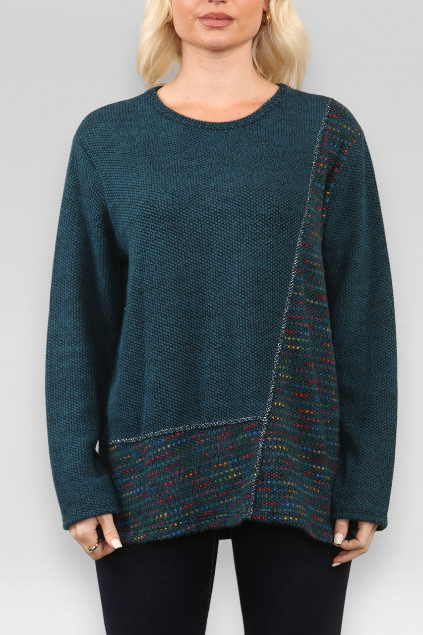 GEBREIDE TRUI MET PATCHWORK RUIMTEVAART MOTIEF, AQUAMARIJN