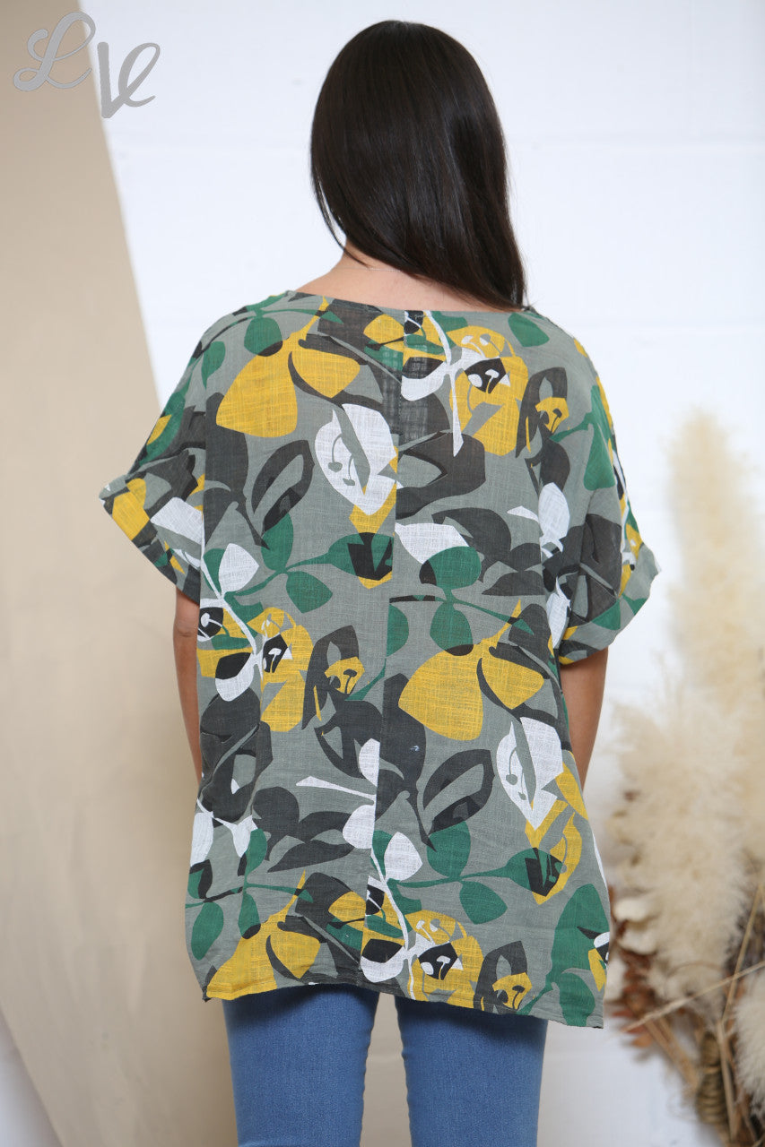 Dames Top met Bladmotief Khaki