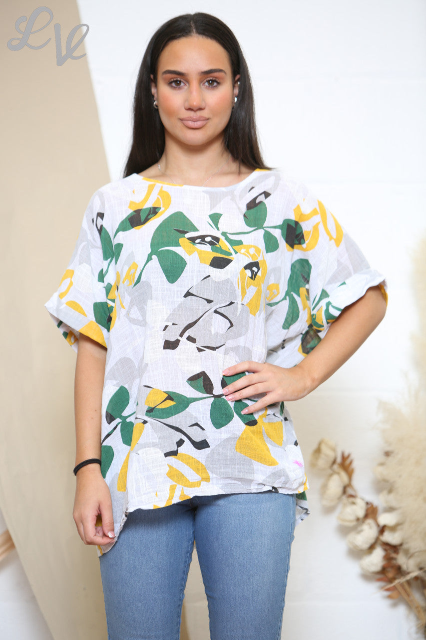 Ladies Leaf Mix Print Top White