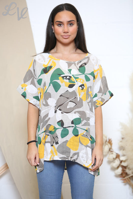 Ladies Leaf Mix Print Top Stone