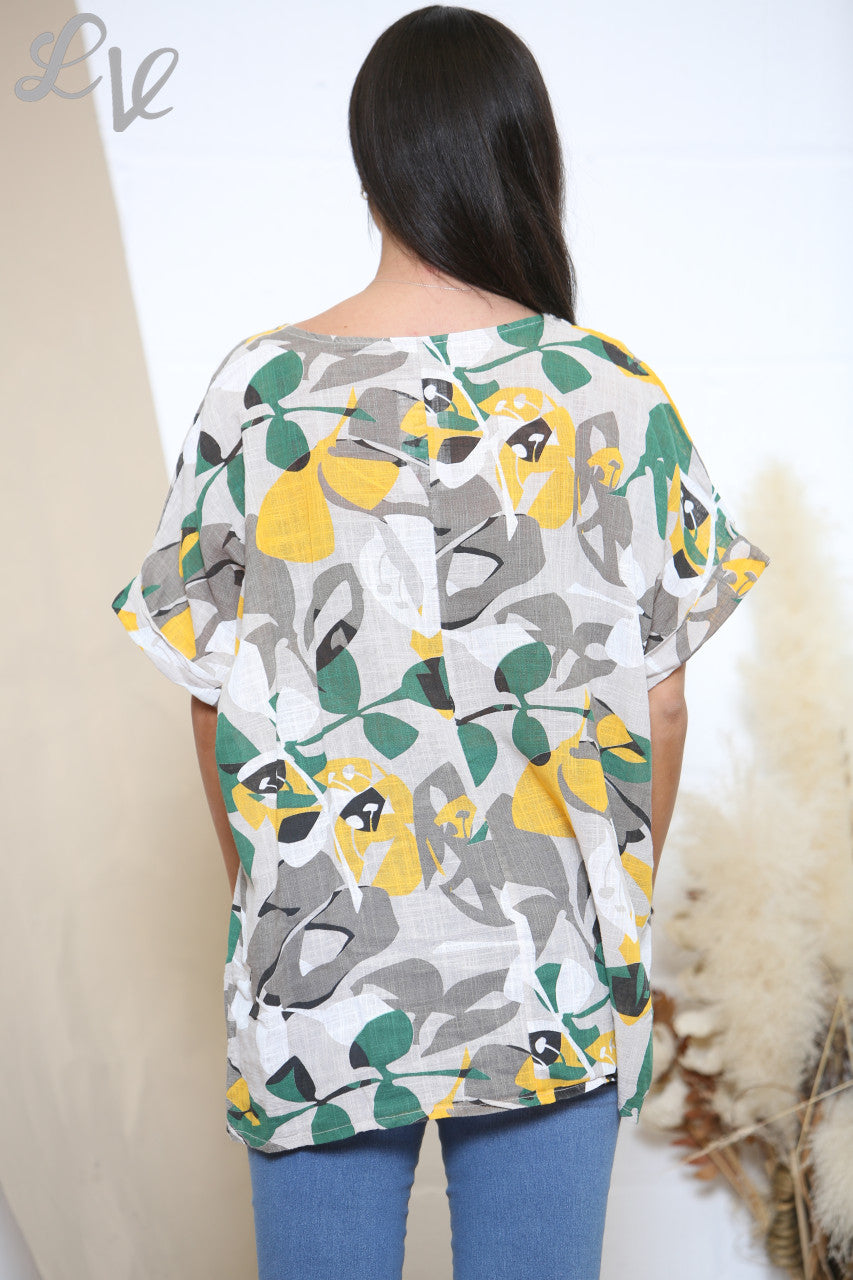 Ladies Leaf Mix Print Top Stone