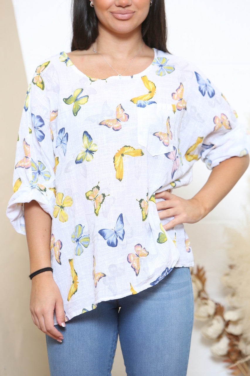 Ladies Butterfly Print Box Top White