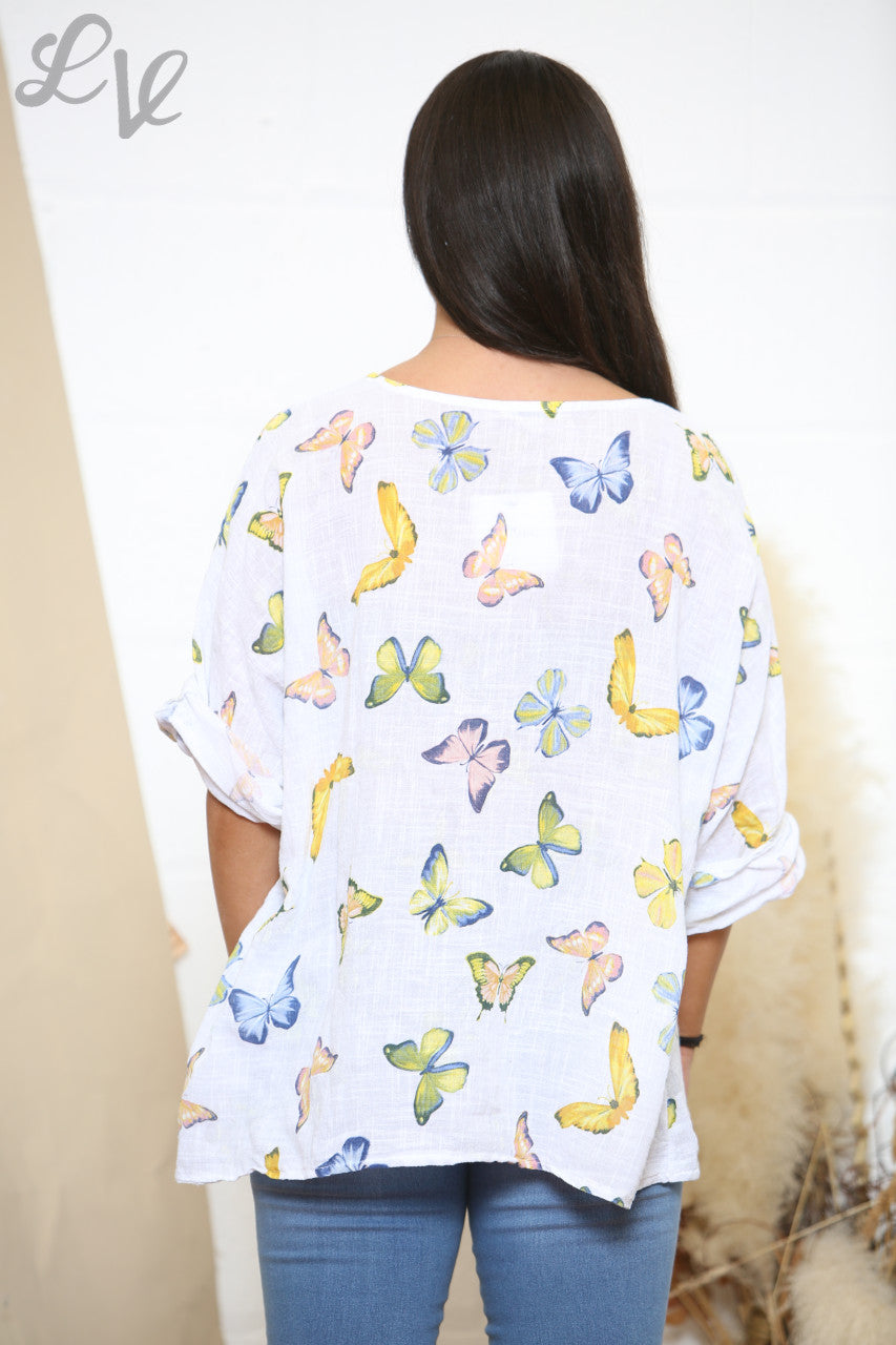Ladies Butterfly Print Box Top White