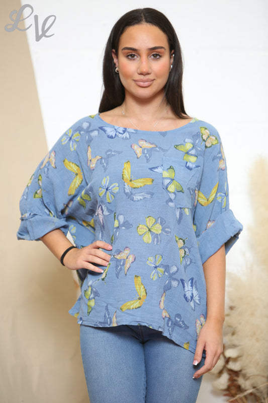 Ladies Butterfly Print Box Top Denim