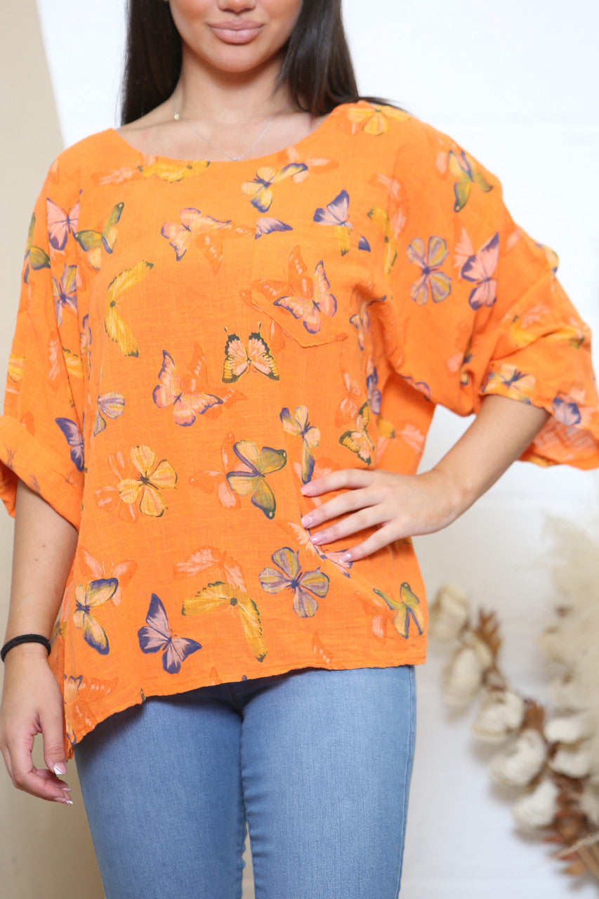 Ladies Butterfly Print Box Top Orange