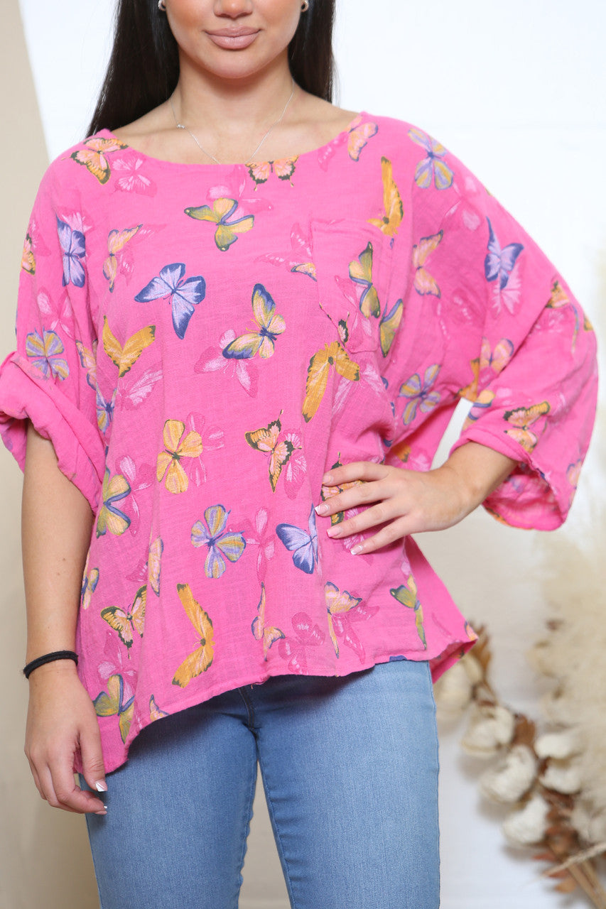 Dames Vlindeprint Box Top Cerise