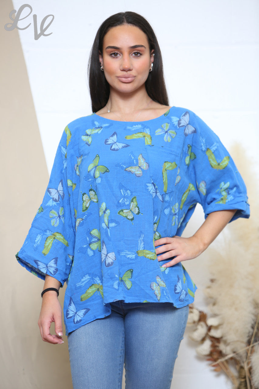 Dames Box Top met Vlinderprint Koningsblauw