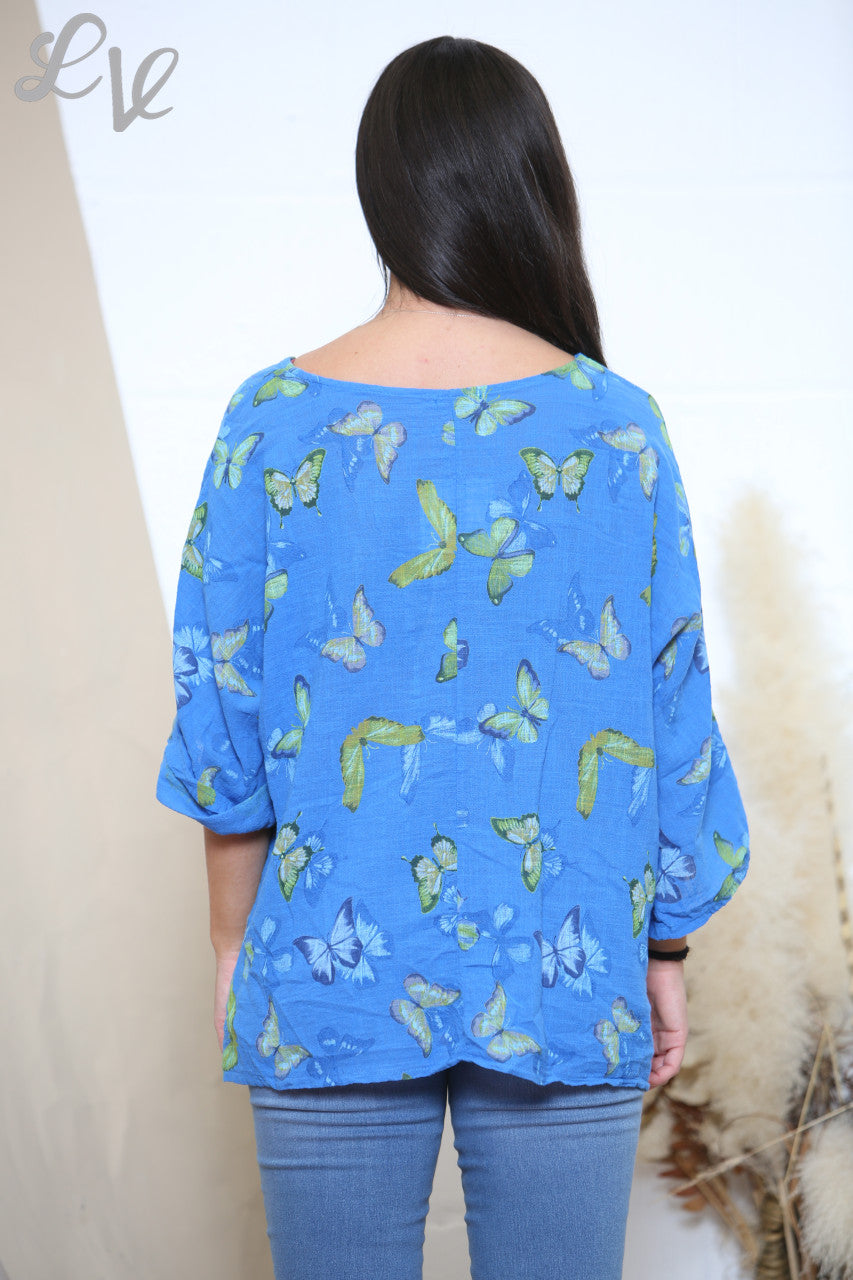 Dames Box Top met Vlinderprint Koningsblauw