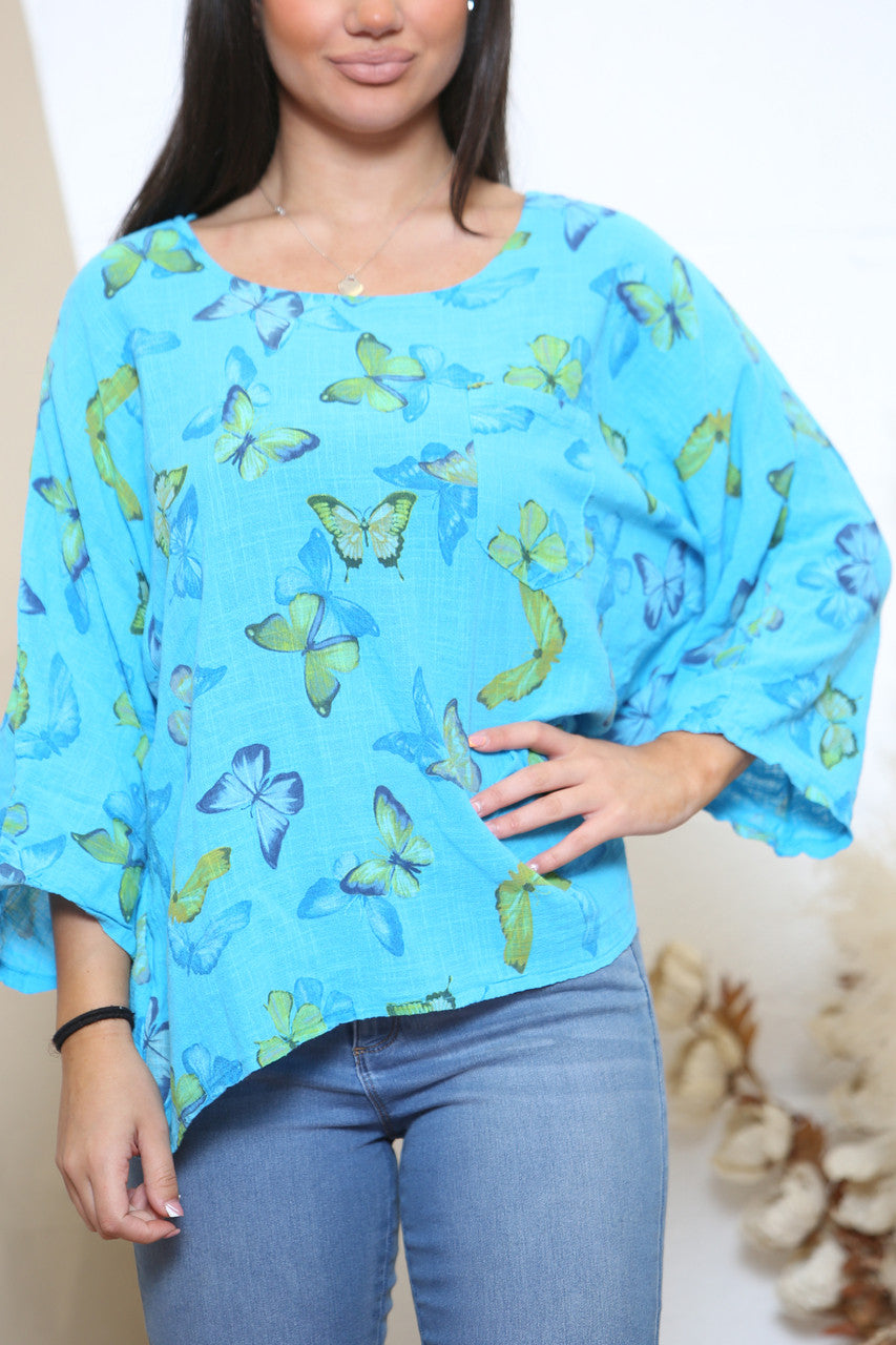Ladies Butterfly Print Box Top Turquoise