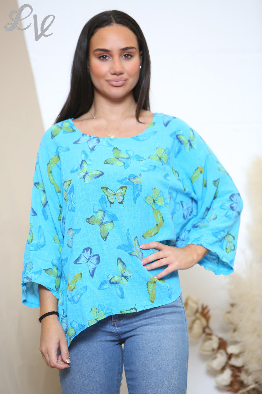 Ladies Butterfly Print Box Top Turquoise