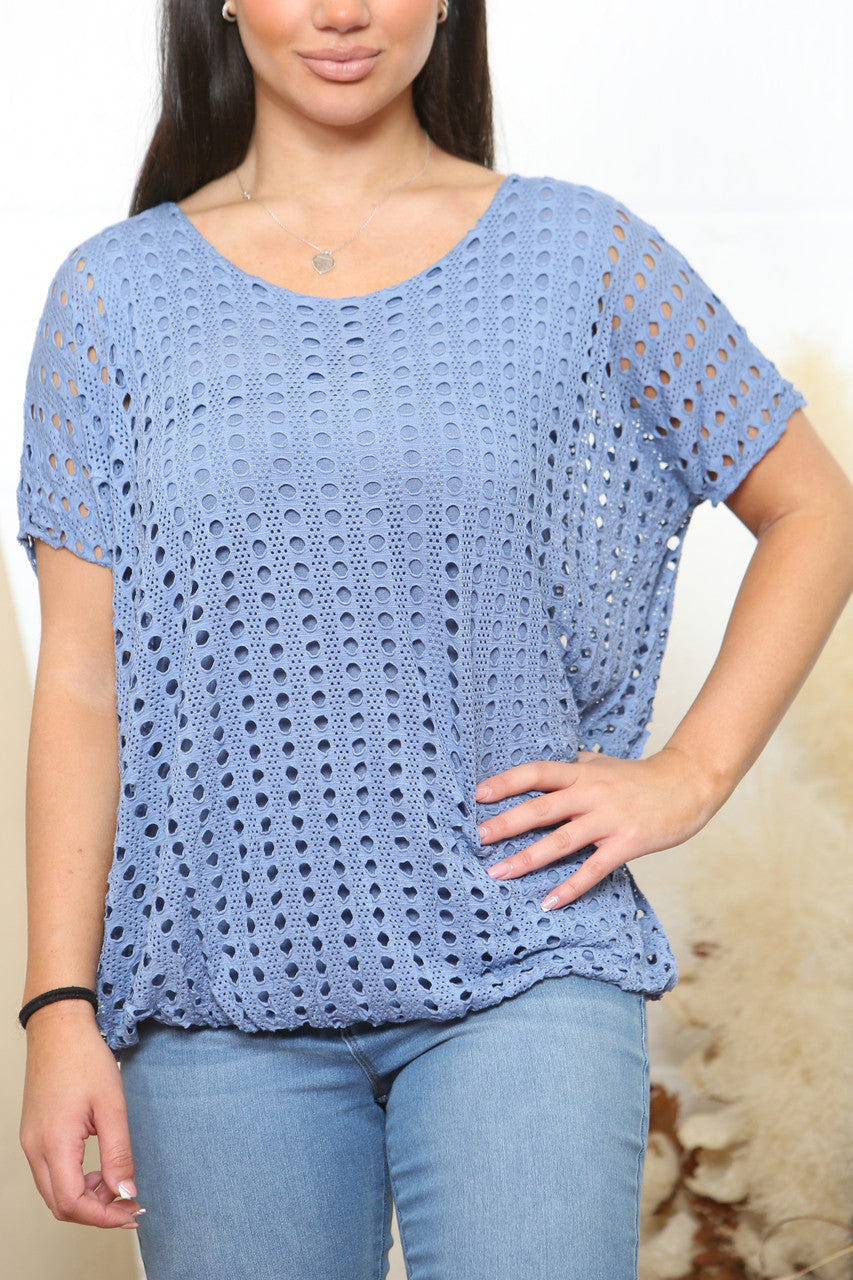 Ladies Crochet Top With Underlayer  Denim