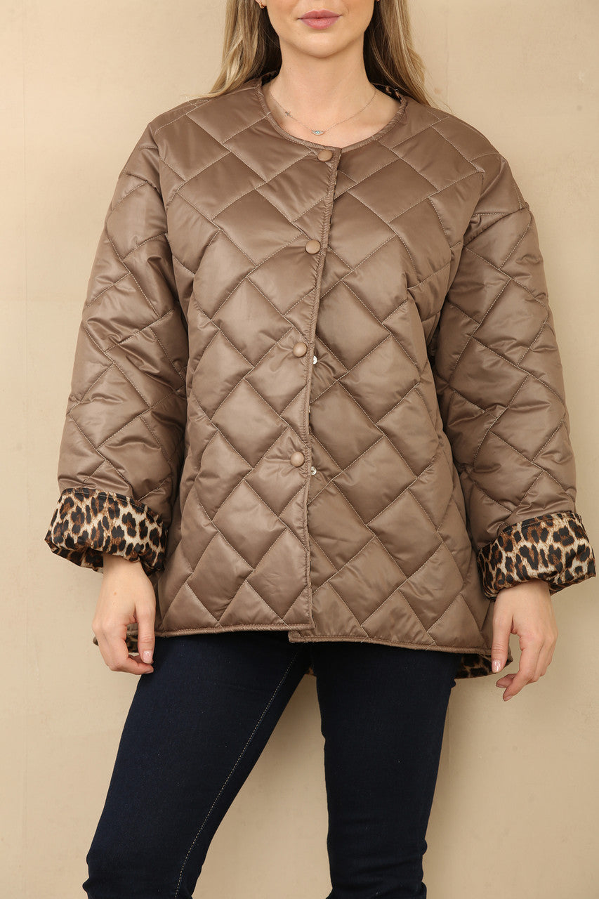 GEWATTEERD JACK MET LEOPAARDPRINT VOERING TAUPE