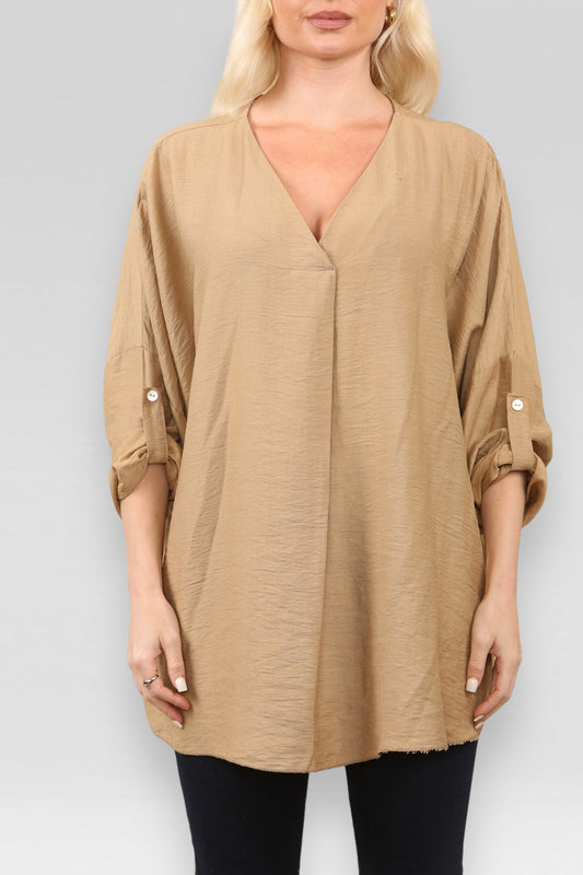 PLAIN V-NECK BLOUSE TOP TAN