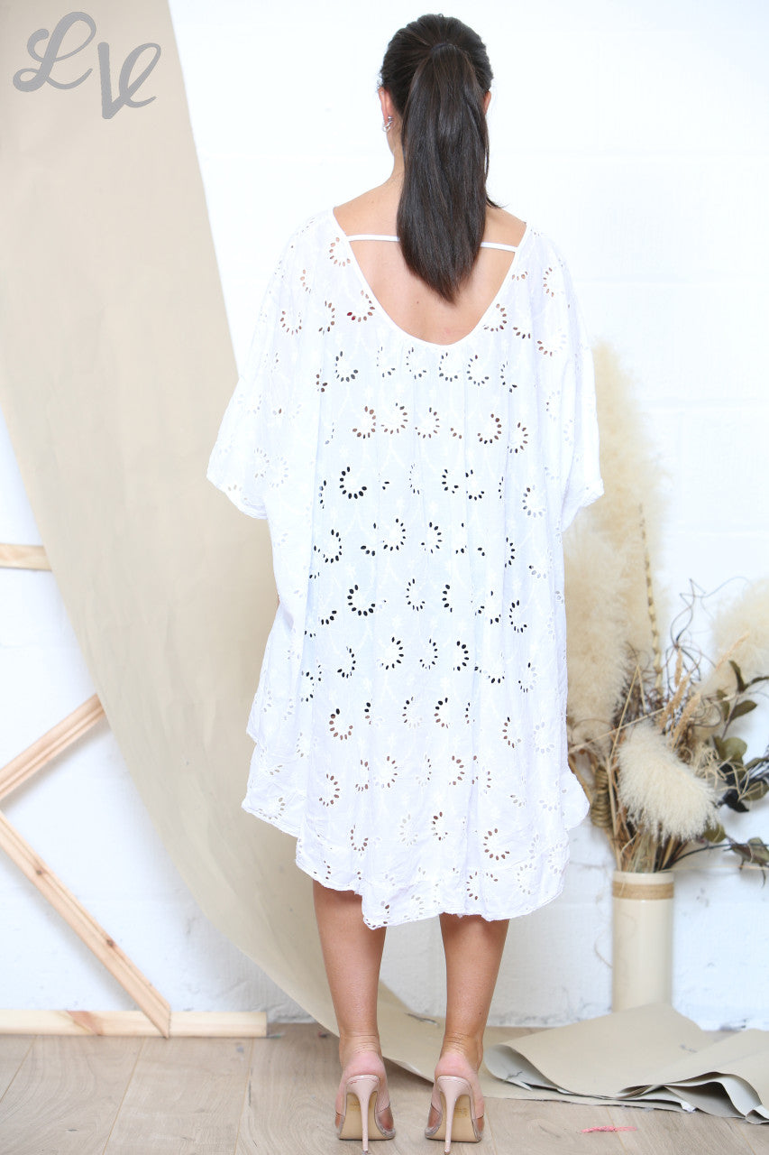 Ladies Loose Fit Asymmetrical Lace Top White