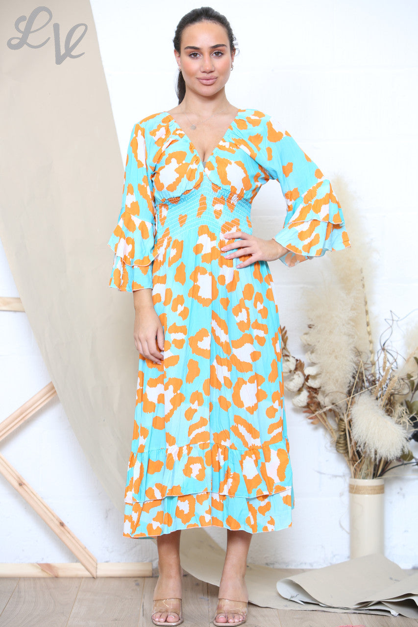 Ladies Animal Print Maxi Dress Turquoise