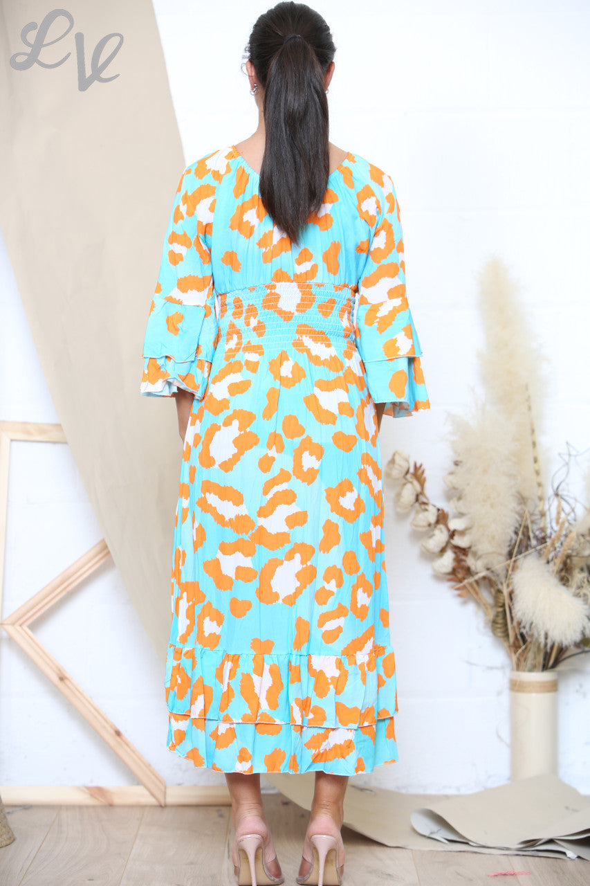 Ladies Animal Print Maxi Dress Turquoise