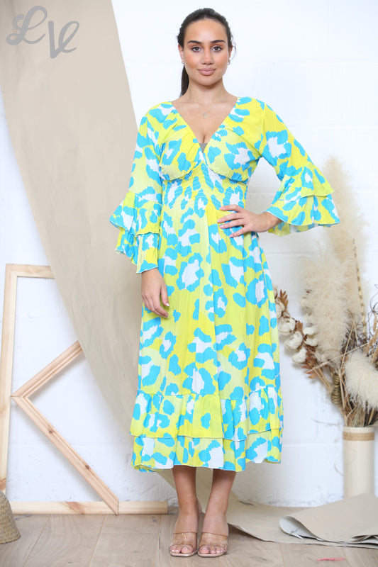 Dames Maxi-jurk met dierenprint geel