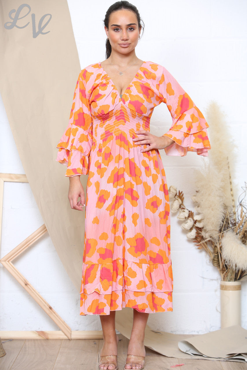 Ladies Animal Print Maxi Dress Coral