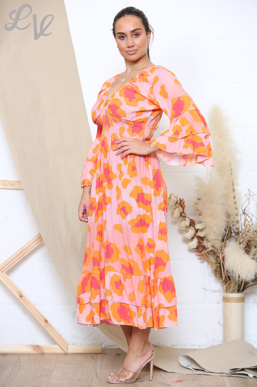 Ladies Animal Print Maxi Dress Coral