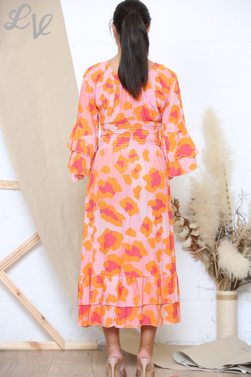 Ladies Animal Print Maxi Dress Coral