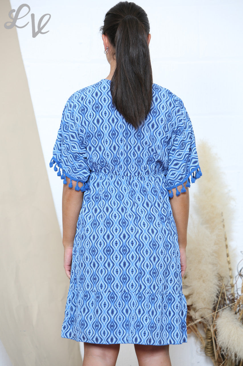 Damesjurk met Aztec-print, strik aan de voorkant en kwastjes, blauw