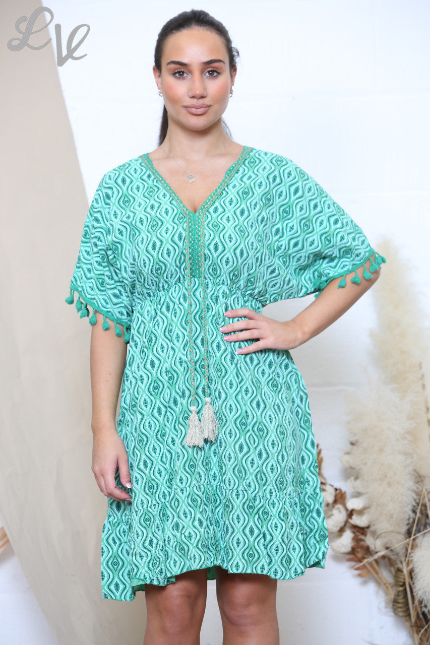 Ladies Aztec Print Tie Front Tassel Detail Dress Teal Green