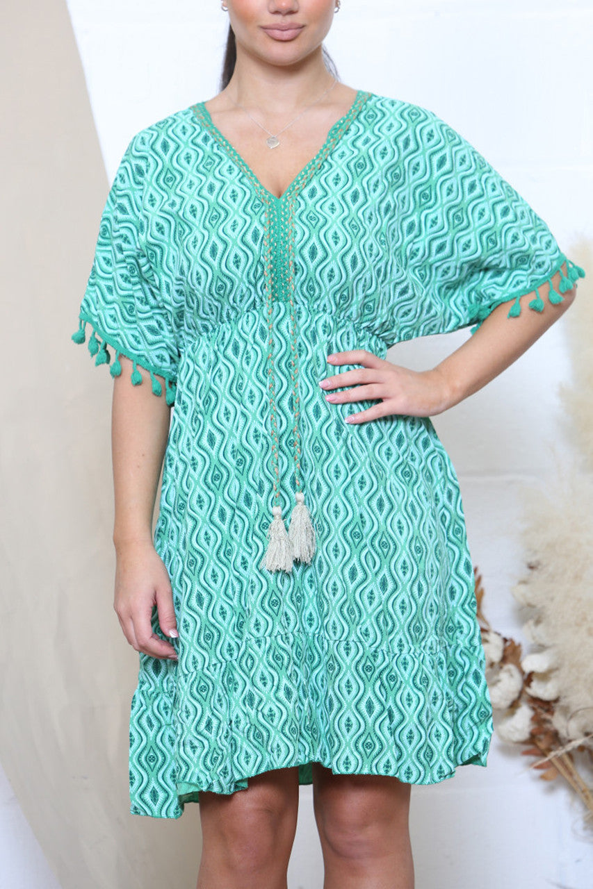 Ladies Aztec Print Tie Front Tassel Detail Dress Teal Green