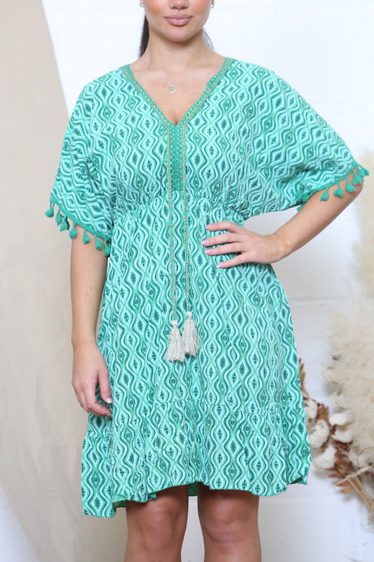 Damesjurk met Aztec-print, strik aan de voorkant en kwastjes Teal Groen