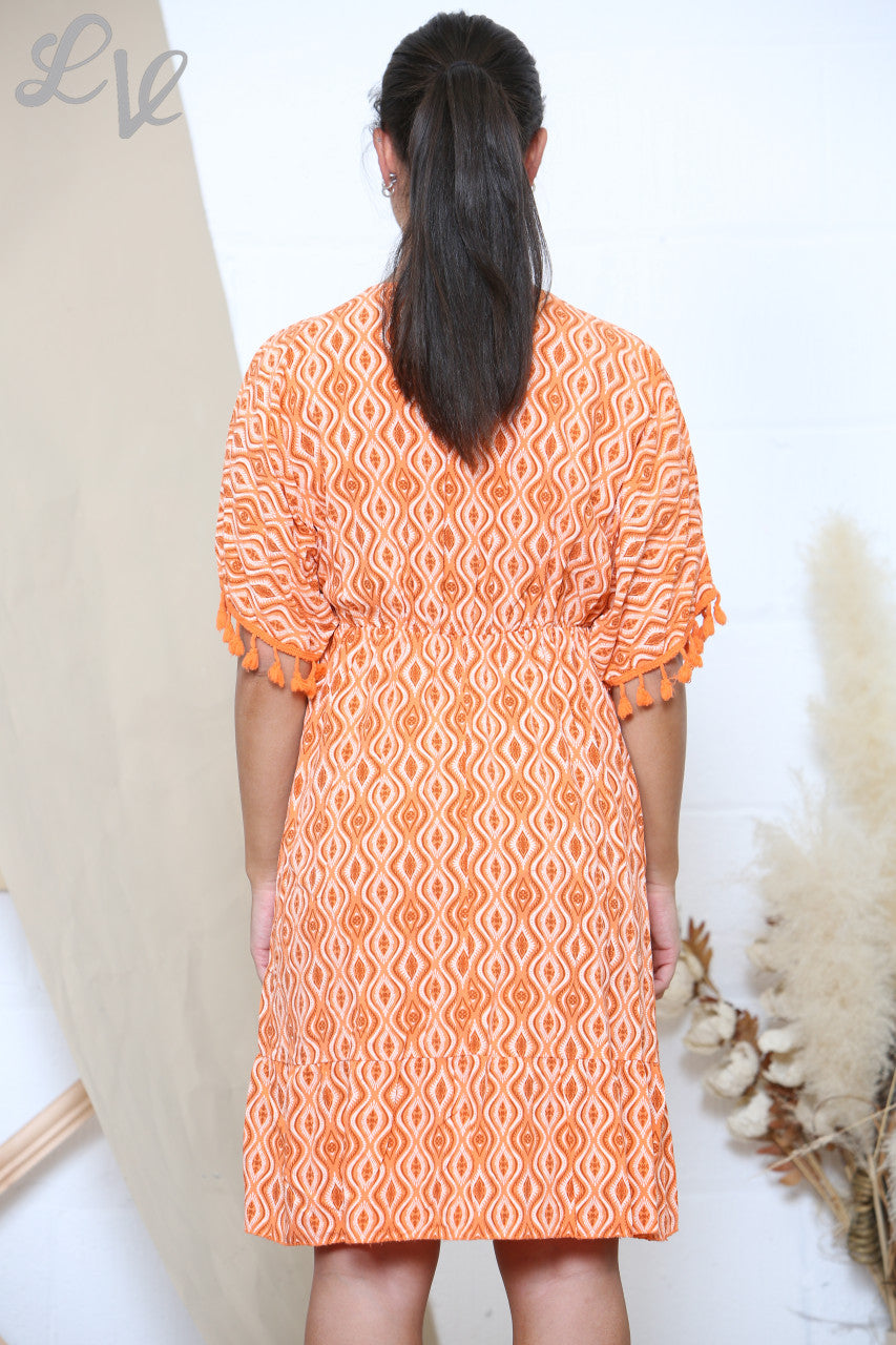 Ladies Aztec Print Tie Front Tassel Detail Dress Orange