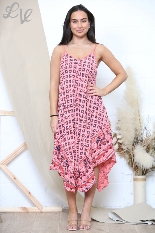 Ladies Boho & Elephant Hem Print Strappy Dress Dusty Pink