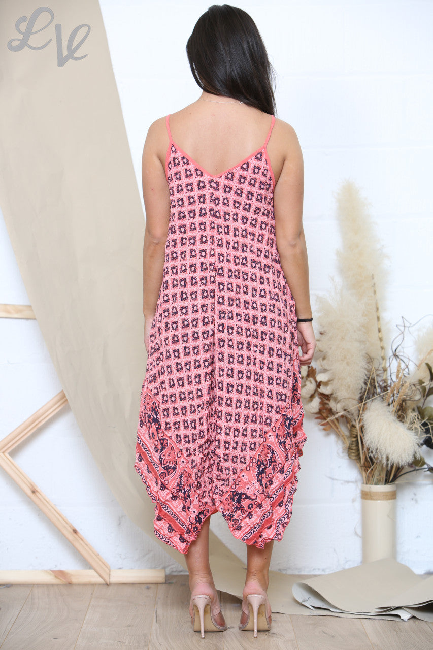 Ladies Boho & Elephant Hem Print Strappy Dress Dusty Pink
