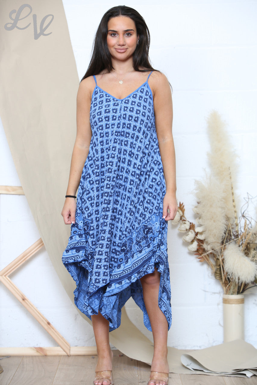 Ladies Boho & Elephant Hem Print Strappy Dress Royal Blue