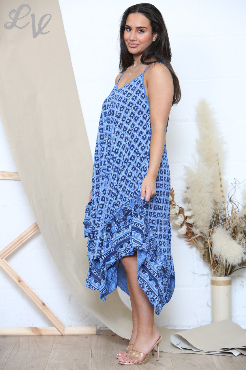 Ladies Boho & Elephant Hem Print Strappy Dress Royal Blue