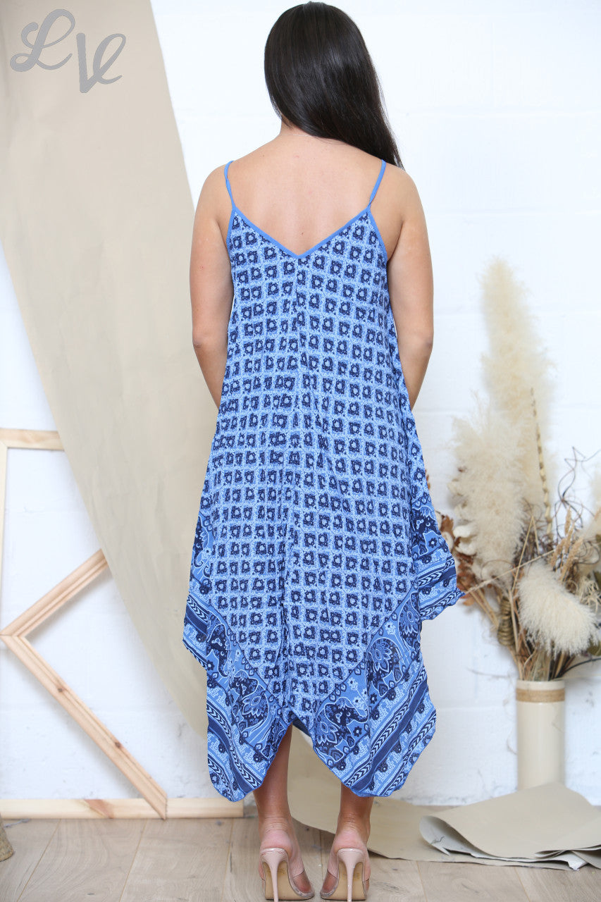 Ladies Boho & Elephant Hem Print Strappy Dress Royal Blue