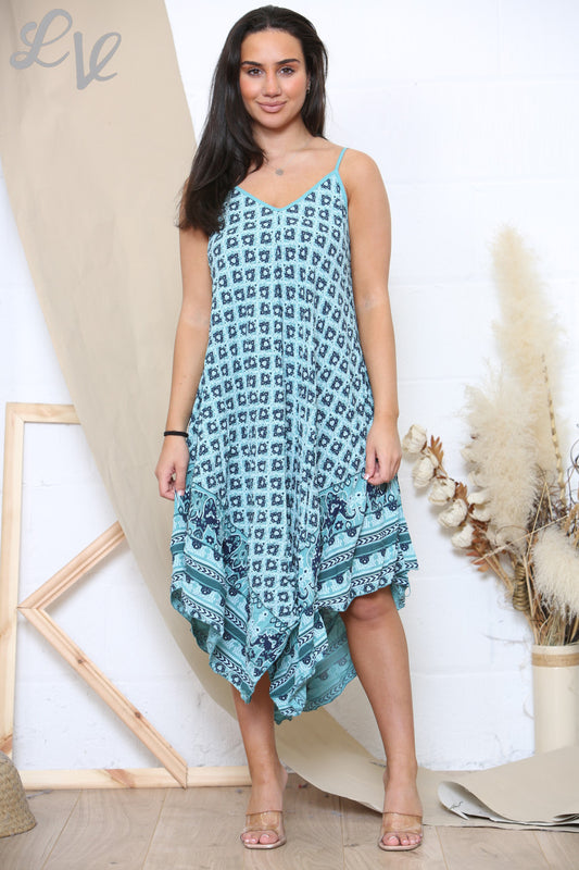 Ladies Boho & Elephant Hem Print Strappy Dress Tiffany