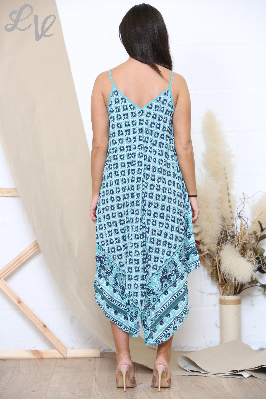 Ladies Boho & Elephant Hem Print Strappy Dress Tiffany