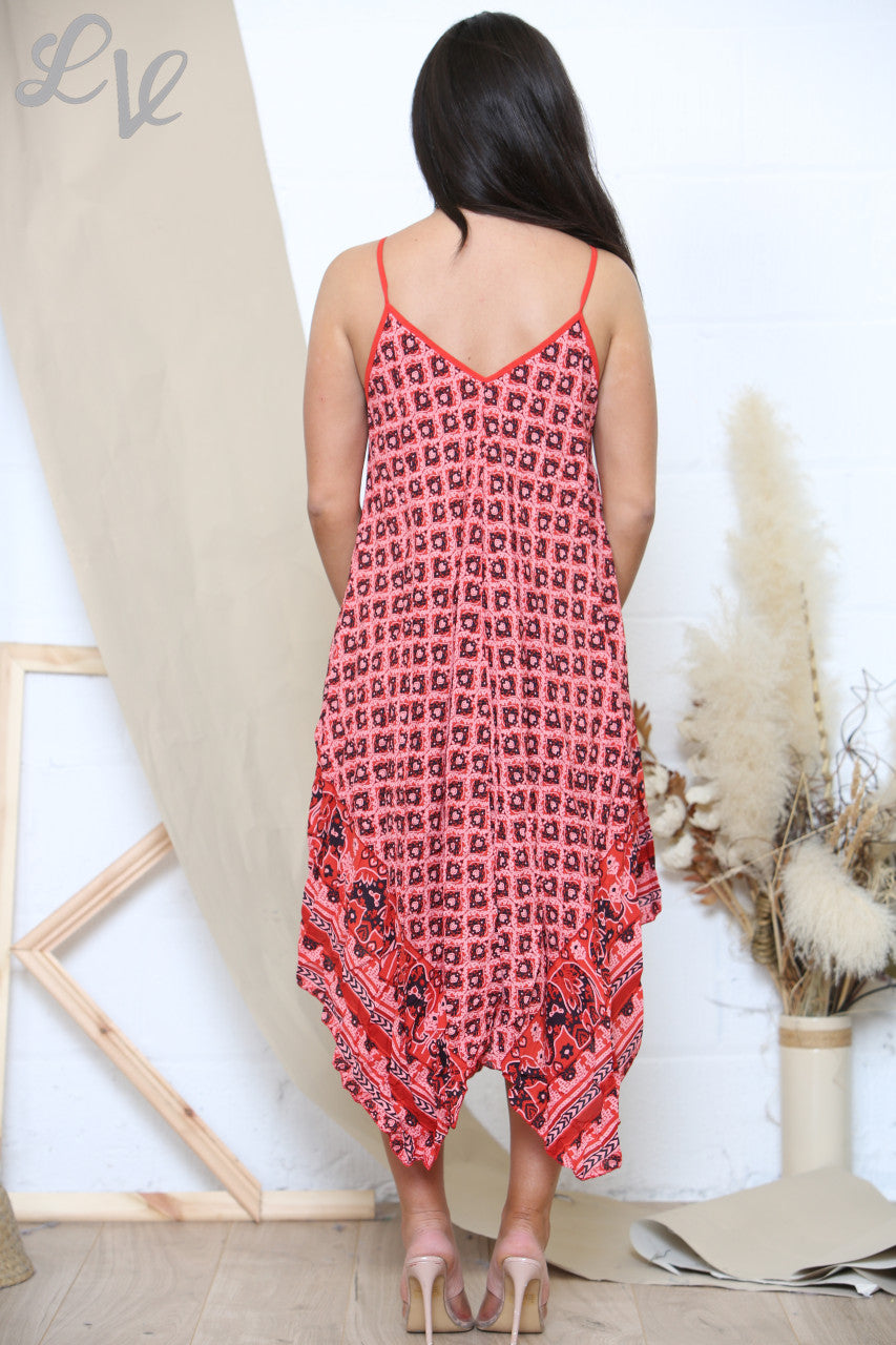 Ladies Boho & Elephant Hem Print Strappy Dress Red