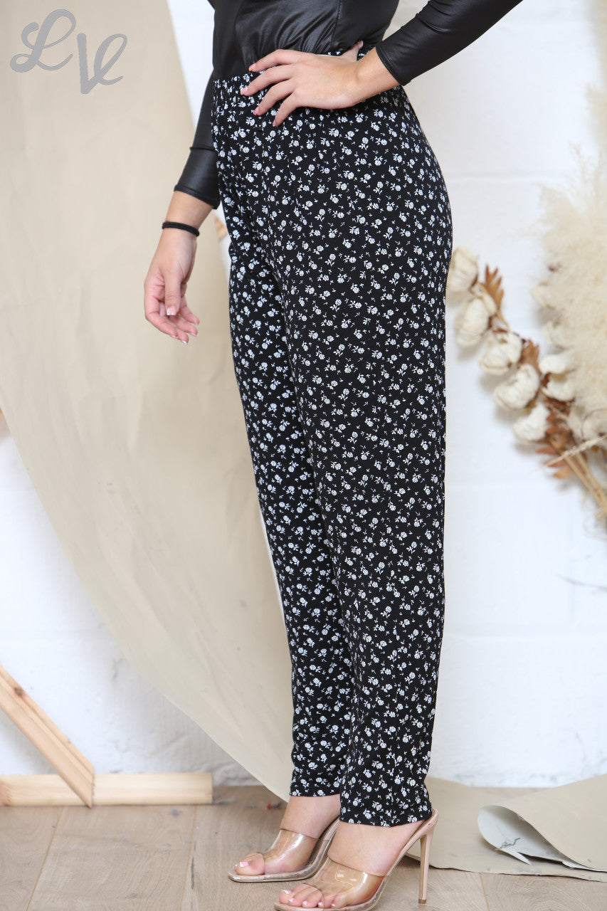 Damesbroek met bloemenprint (Ditsy Rose) Zwart