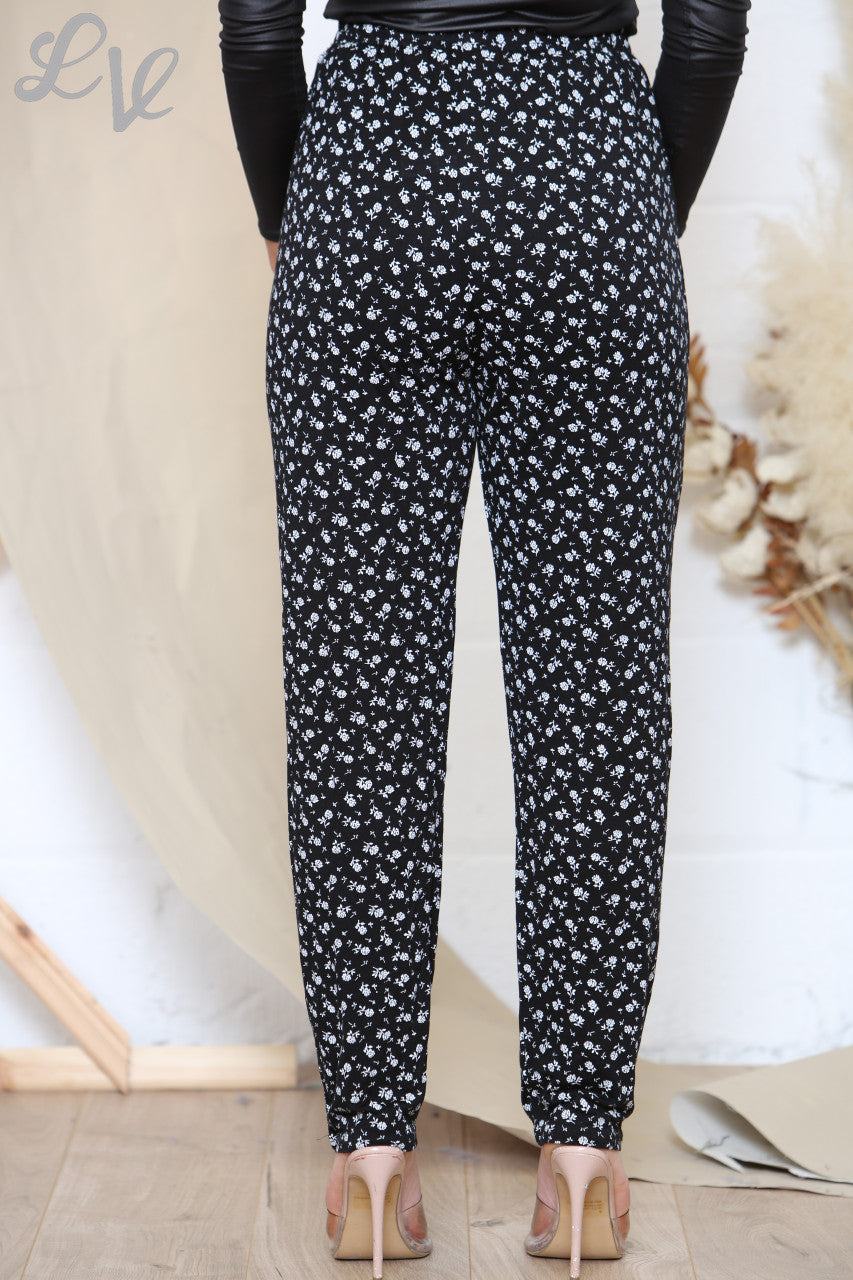 Damesbroek met bloemenprint (Ditsy Rose) Zwart