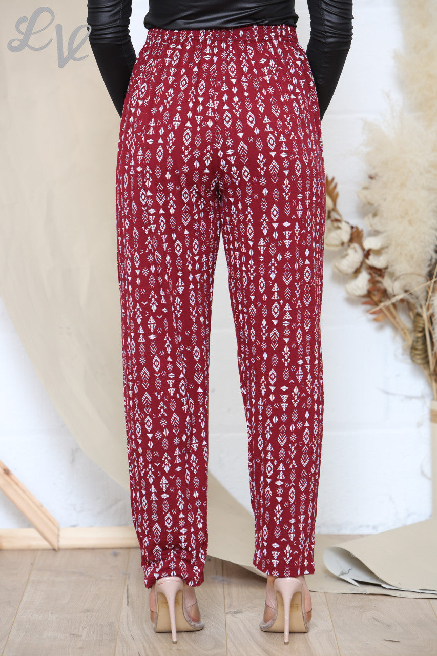 Ladies Tribal Shapes Print Trousers Red
