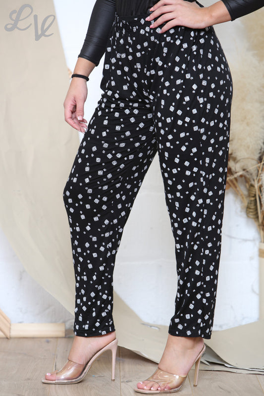 Dames broek met vierkante swirlprint zwart