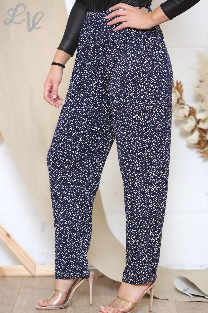 Ladies Swirl Shapes Print Trousers Navy