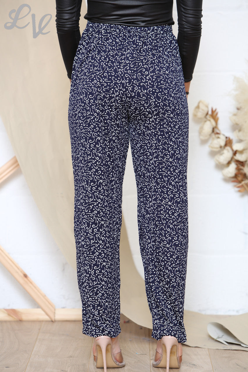 Ladies Swirl Shapes Print Trousers Navy