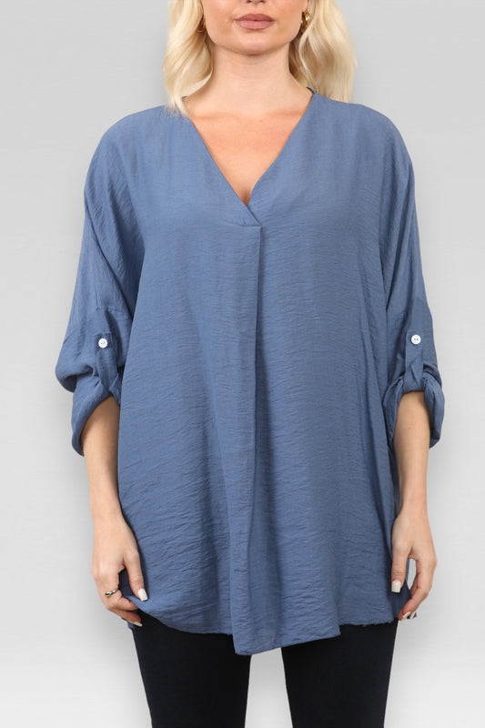 PLAIN V-NECK BLOUSE TOP DENIM