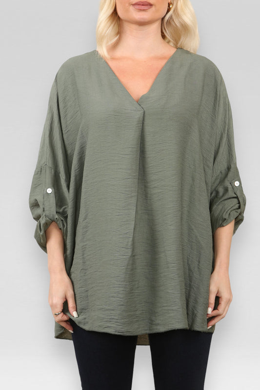 PLAIN V-NECK BLOUSE TOP KHAKI