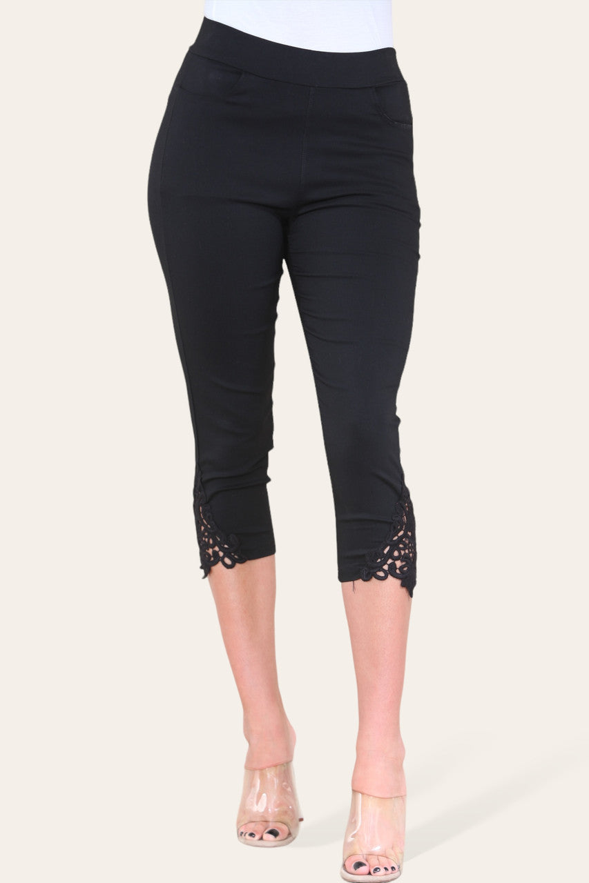 STRETCH KANTEN ZOOM CAPRI BROEK LEGGING - ZWART