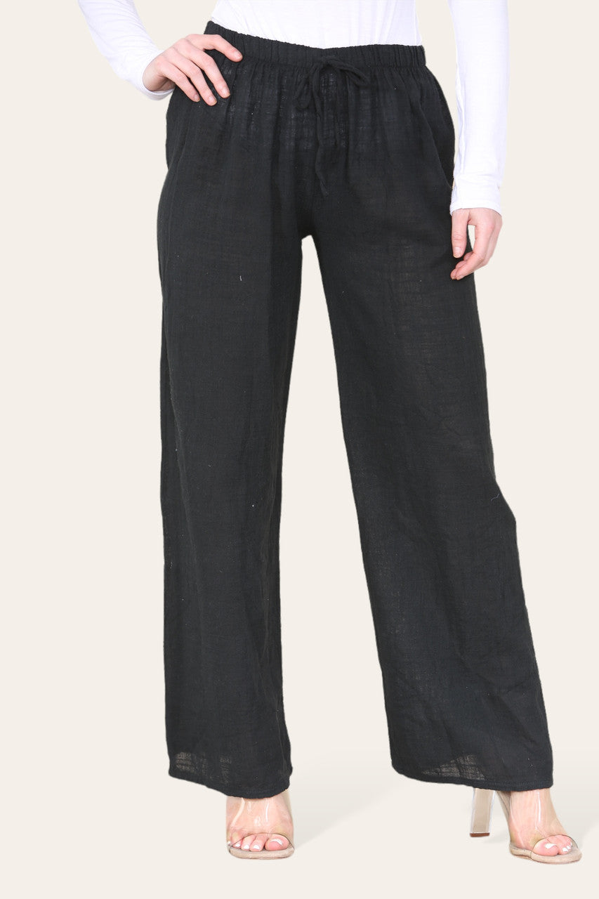 ELASTICATED WAIST COTTON TROUSERS BLACK