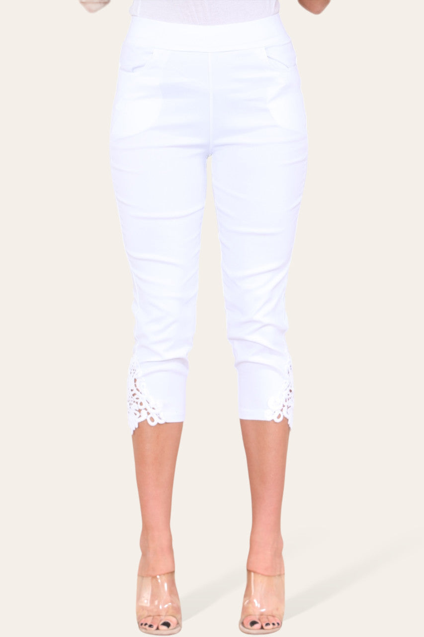 STRETCH LACE HEM CAPRI TROUSER LEGGINGS - WHITE