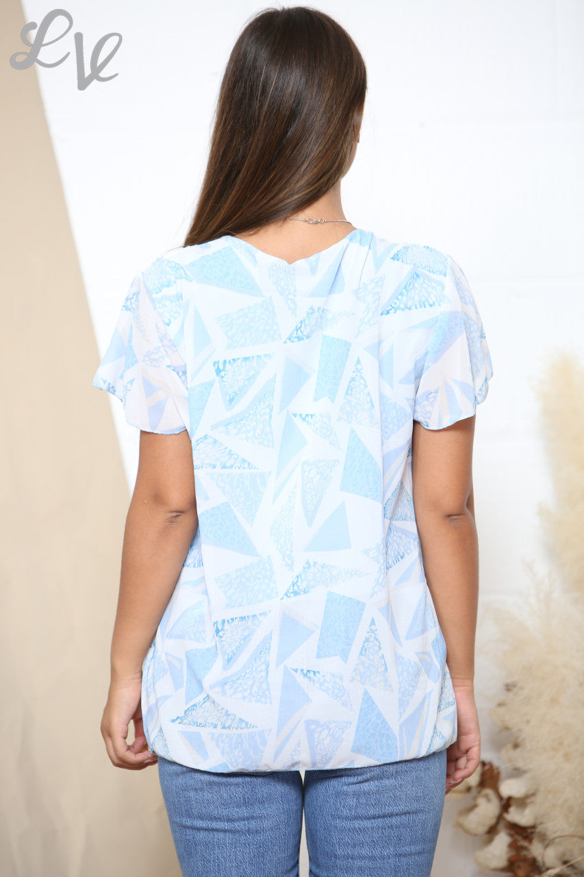Ladies Short Sleeve Diamonds Print Pleated Blouse Top Light Blue
