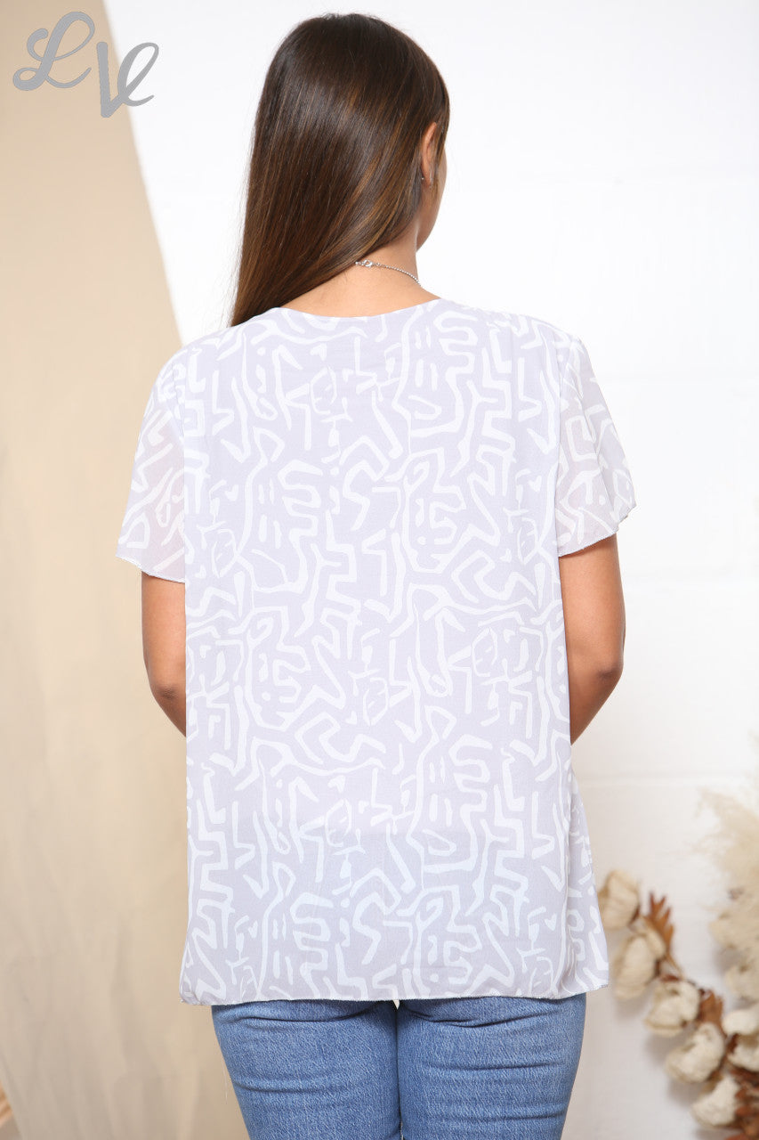 Dames korte mouw gebloemde geplooide blouse top grijs